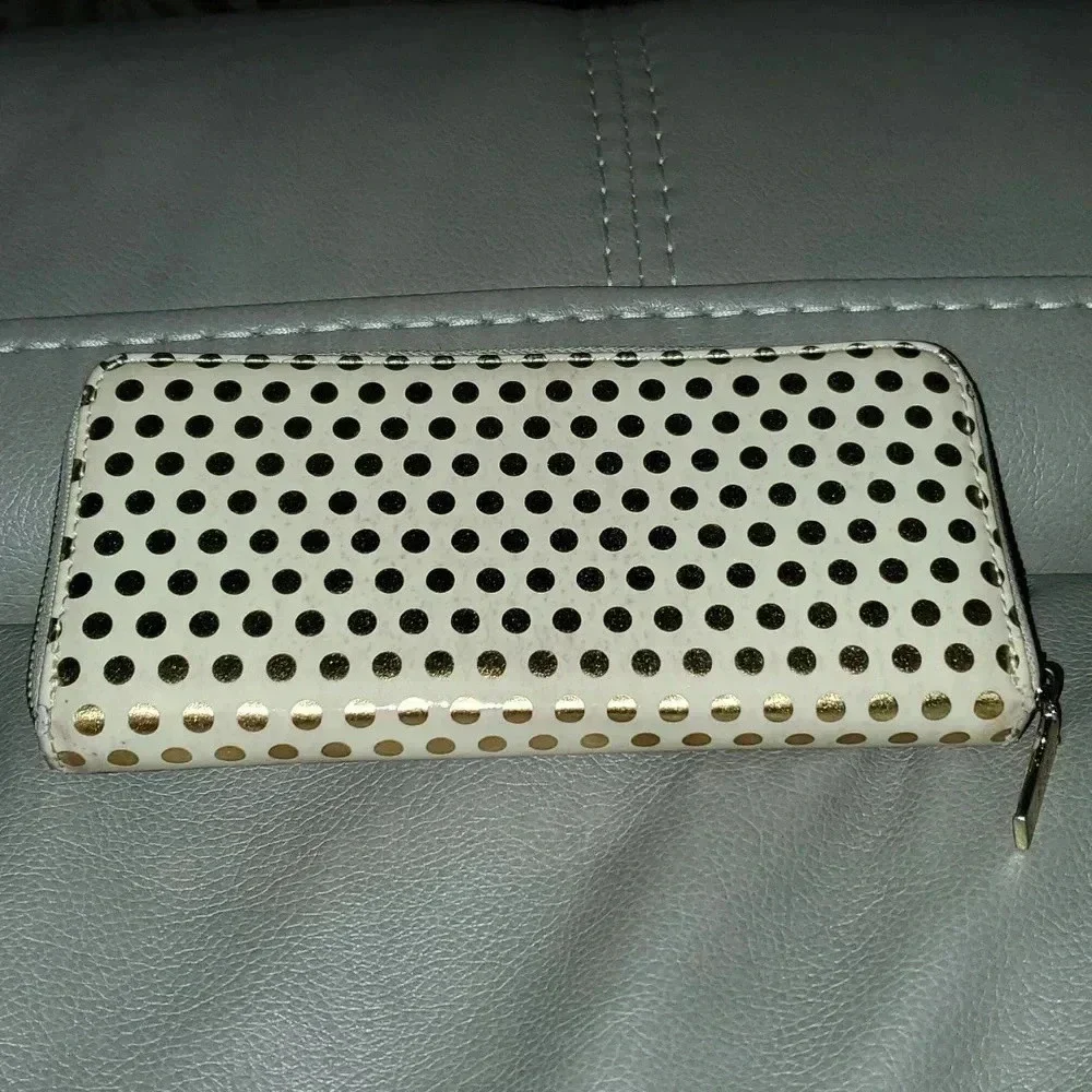 ANNE KLEIN Zip Around Wallet Cream & Gold Patent Polka Dot